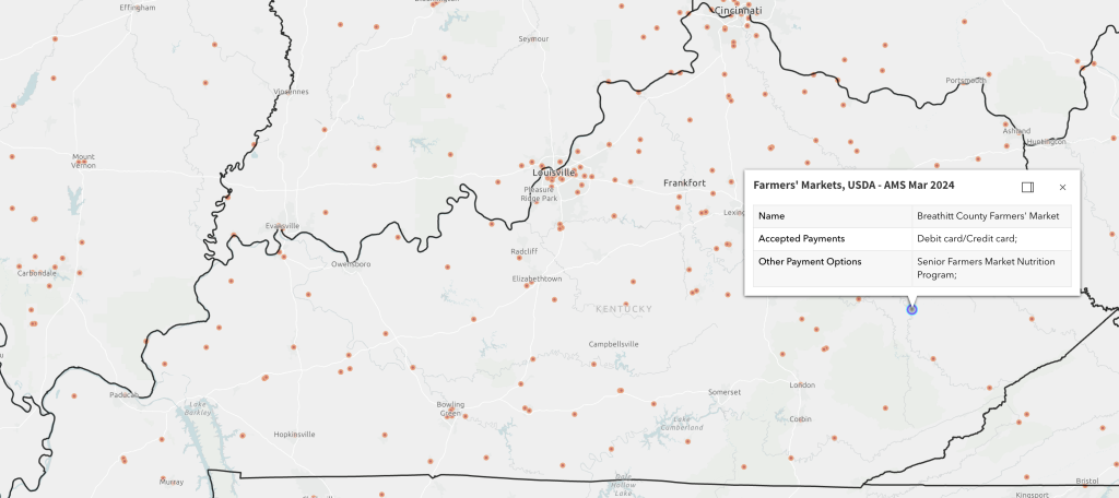 Map of Kentucky with orange dots indicating farmers market locations